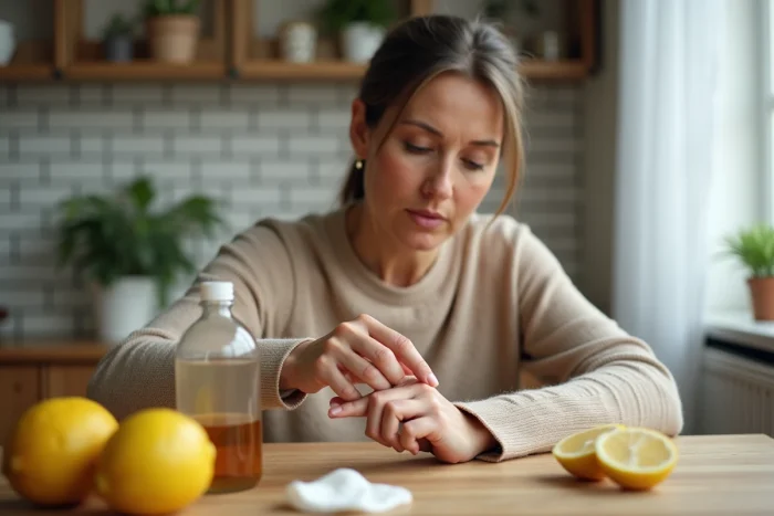 Femme appliquant un remède naturel sur une verrue sur sa main