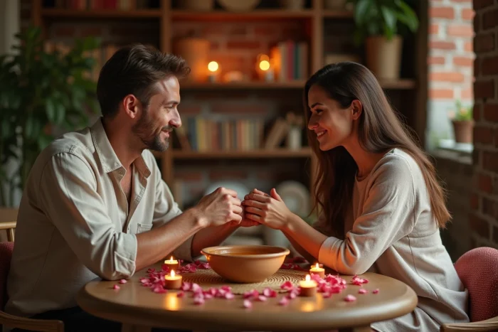 Couple partageant un rituel romantique avec du miel et des pétales de rose autour d'une table en bois décorée