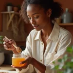 Femme versant du miel doré dans un bocal en verre dans une cuisine rustique chaleureuse, rituel d'amour avec le miel