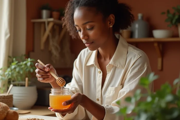 Femme versant du miel doré dans un bocal en verre dans une cuisine rustique chaleureuse, rituel d'amour avec le miel