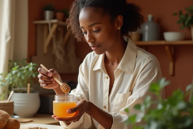 Femme versant du miel doré dans un bocal en verre dans une cuisine rustique chaleureuse, rituel d'amour avec le miel