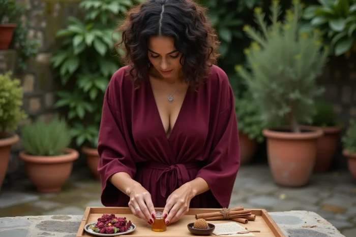 Femme préparant un rituel d'amour avec du miel, des roses séchées et de la cannelle sur une terrasse en pierre