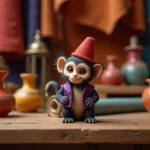 Figurine du singe Abu d'Aladdin avec son fez rouge dans un décor de bazar oriental coloré
