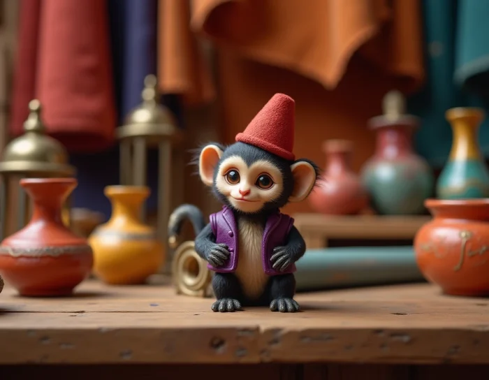 Figurine du singe Abu d'Aladdin avec son fez rouge dans un décor de bazar oriental coloré