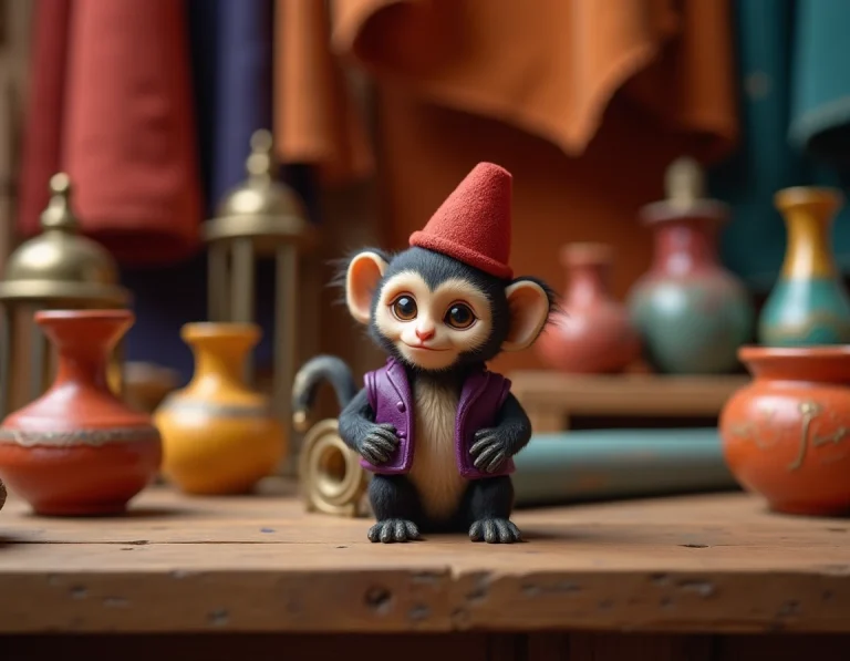 Figurine du singe Abu d'Aladdin avec son fez rouge dans un décor de bazar oriental coloré