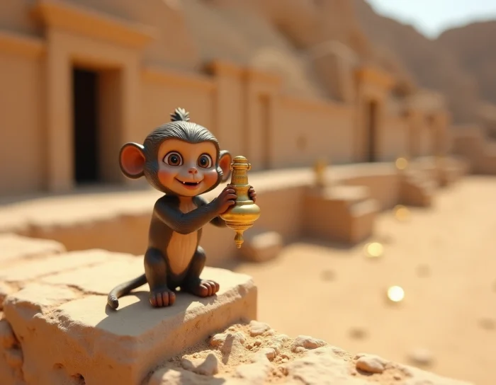 Statuette du singe Abu tenant une lampe magique dorée sur des ruines de pierre dans le désert
