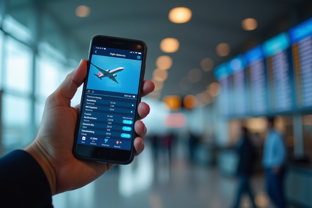 Main tenant un smartphone affichant une application de comparaison de vols