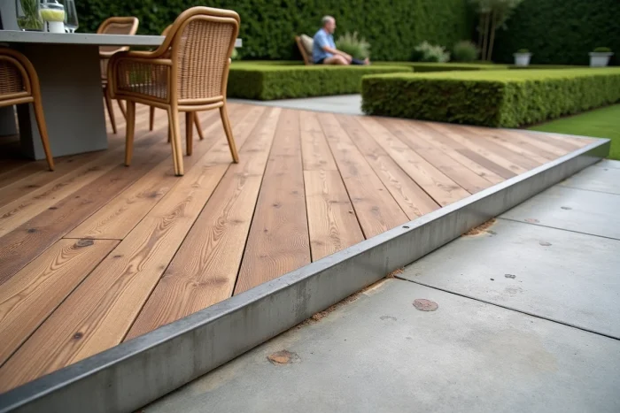 Terrasse mixte associant lames de bois exotique et dalles en calcaire naturel pour structurer un espace extérieur repas