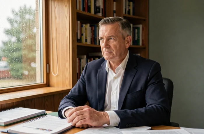 Journaliste spécialisé en grande distribution assis dans un bureau privé entouré de documents confidentiels, symbolisant la discrétion et la vie privée préservée
