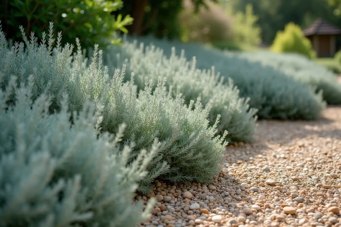 Vivaces méditerranéennes couvre-sol comme le thym, le ciste et la santoline formant un tapis végétal dense sur terrain sec